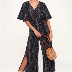 Carra Navy Blue Print Shot Sleeve Jumpsuit